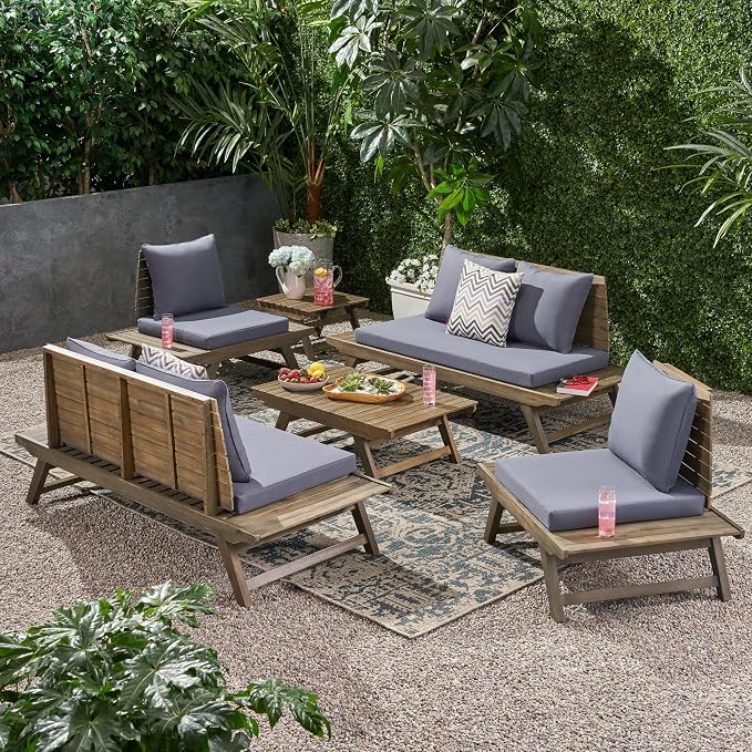 Christopher Knight Home Outdoor Acacia Wood 6 Seater Chat Set with Side Table and Coffee Table, Gray and Dark Gray