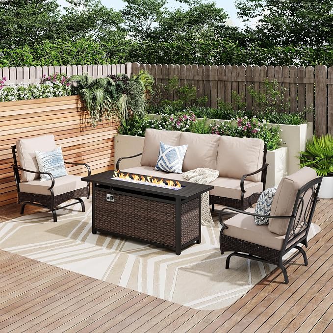Patio Furniture Set with 56" Fire Pit Table, Premium Outdoor Wicker Metal Frame Furniture with Upgraded Waterproof Thick Cushions for Porch, Poolside, Deck, and Yard （4 Pieces,Beige）