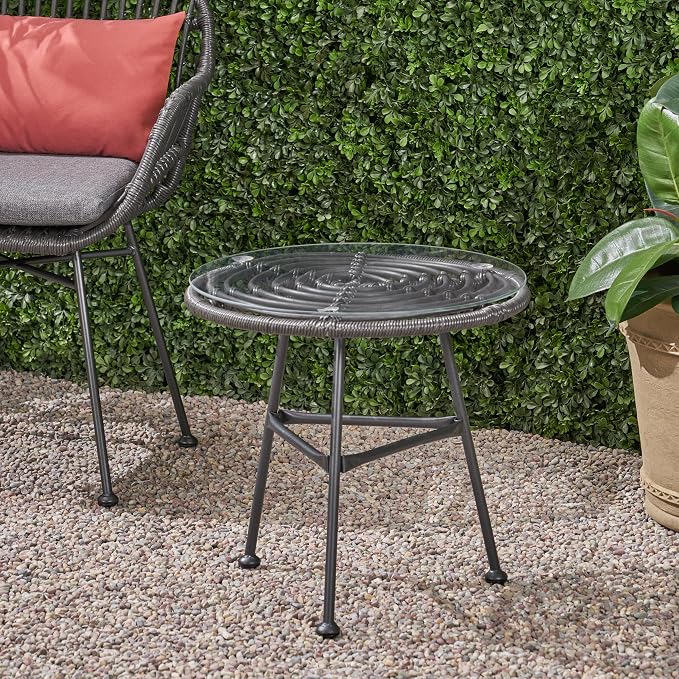 Rattan Outdoor Side Table with Tempered Glass Tabletop, Weather-Resistant Patio End Table, Stable Steel Frame for Balcony, Porch, Deck, Grey