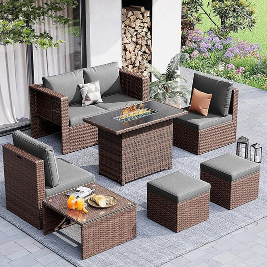 Amopatio Patio Furniture Set with Fire Pit Table, All-Weather Wicker Outdoor Conversation Sofa Set with Glass Coffee Table, Cushions & Ottomans for Deck Backyard Porch Lawn Brown/Dark Grey