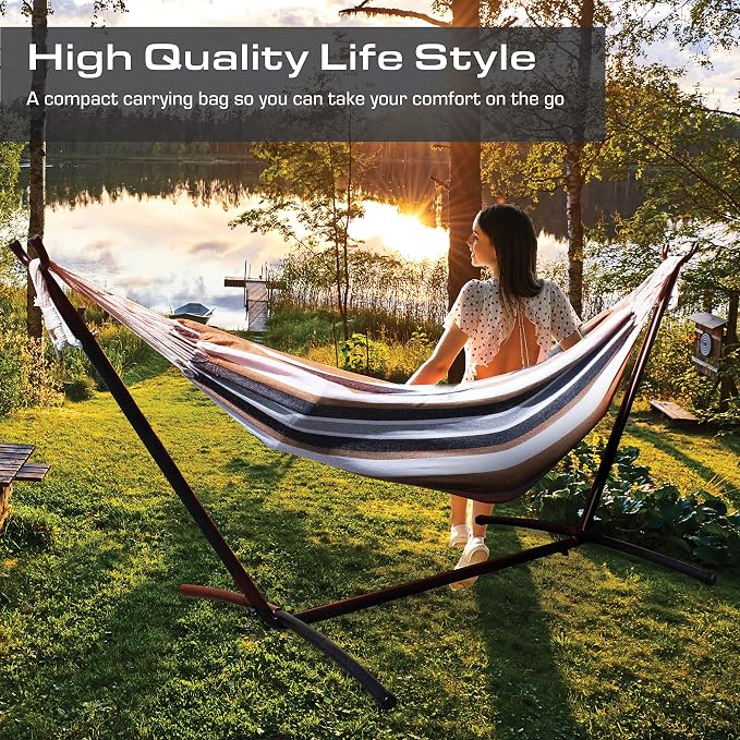 Mototeks Double Hammock with Steel Stand and Carry Bag for Garden Deck Yard Campsite Indoor Outdoor Use Comfort Durability Striped Large Hanging Chair (Red)