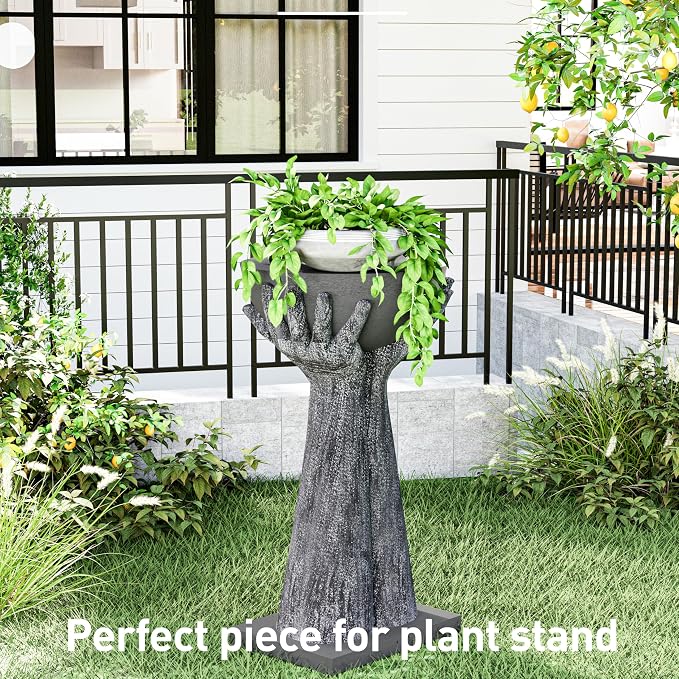 SUNBURY Outdoor Side Table, 24" H Hand-Shaped Concrete Side Table, Accent Patio End for Outside, Decorative Garden Stool for Plant Stand, Balcony