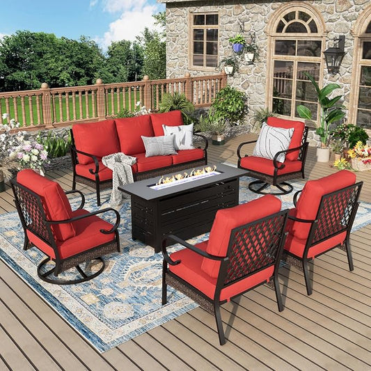 MIXPATIO Patio Furniture Set with Fire Pit Table, Metal Outdoor Conversation Set with 5.75'' Extra Thick Cushion, 2 Swivel Chairs, 2 Leg Chairs, 3-Seat Sofa and Gas Fire Pit Table, Red