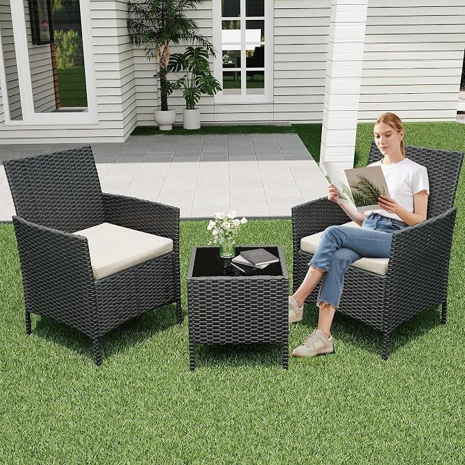 3-Piece Patio Conversation Set – Modern Outdoor PE Rattan Sofa, Glass Coffee Table, Soft Cushions – Ideal for Balcony, Porch, Poolside – Black Rattan/Ivory Seat Cushion