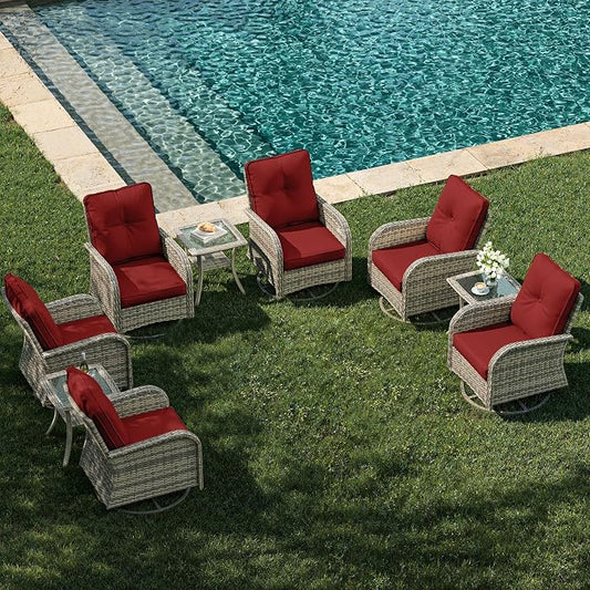 9-Piece Patio Rocking Swivel Chair Outdoor Wicker Rattan Bistro Set with Tempered Glass Side Table, Outdoor Patio Furniture Set for Garden, Deck, and Balcony, Red