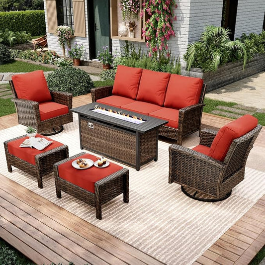 MIXPATIO 6-Piece Wicker Patio Furniture Set with Swivel Chairs, High Back Outdoor Furniture with Fire Pit Table and Ottoman, All-Weather Wicker Patio Conversation Set for Deck Yard Pool,Red