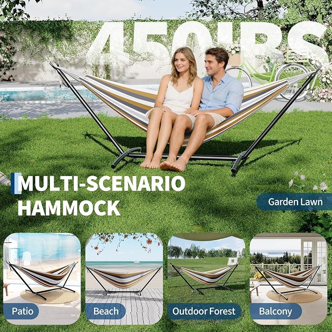Double Hammock with Steel Stand, Outdoor Portable Hammocks Accommodates with 450Lb Capacity 2 People& Portable Carry Bag for Outside Camping Garden Yard,Rainbow