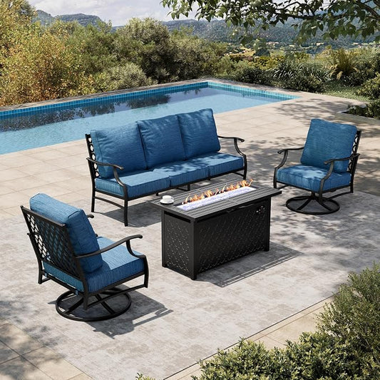 HERA'S HOUSE 4 Pieces Patio Furniture Set with Fire Pit Table, 2 x Swivel Cushioned Chair, 3-Seat Sofa with 45" Fire Pit Table, Outdoor Conversation Set for Garden Poolside Backyard, Pacific Blue