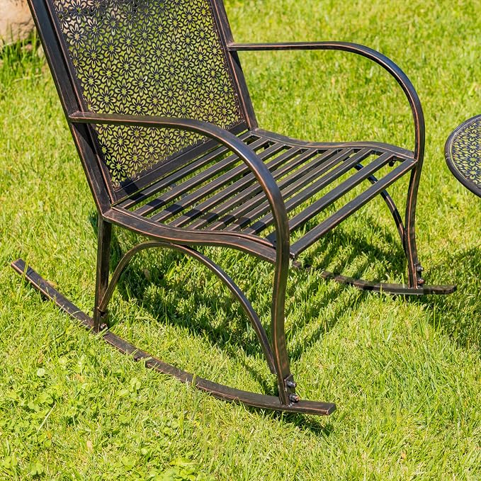 Zaer Ltd. Set of 3, Tsugo Collection, 2 Outdoor Metal Rocking Armchairs with a Round Side Table, Bronze Distressed Finish (Set of 3 (2 Chairs & 1 Table))