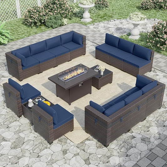 ALAULM 15 Pieces Patio Furniture Set with Aluminum Fire Pit Table Outdoor Furniture Sets 55000BTU Gas Fire Pit Brown PE Rattan Wicker Patio Conversation Sets w/12 Cushions (Dark Blue)
