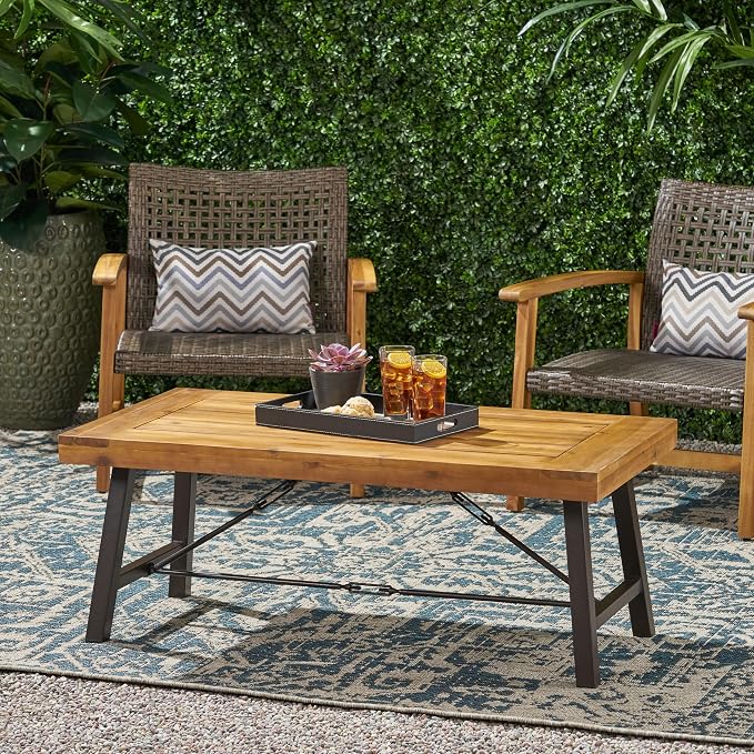 roomfitters Outdoor Acacia Wood Coffee Table, Teak Finish with Rustic Metal Legs, Perfect for Patio, Garden, or Deck, Weather-Resistant and Durable, Brown and Black