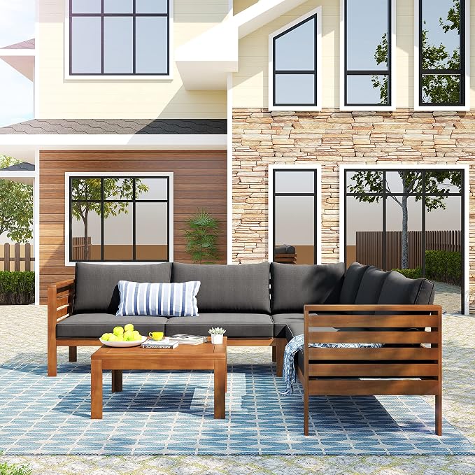 L-Shaped Wood Structure Outdoor Couch & Coffee Table,Sturdy Outdoor Conversation Sectional Sofa with Cushions,Elegant Outdoor Chaise Lounge,Patio Furniture Set For Garden,Poolside,Balcony,Gray