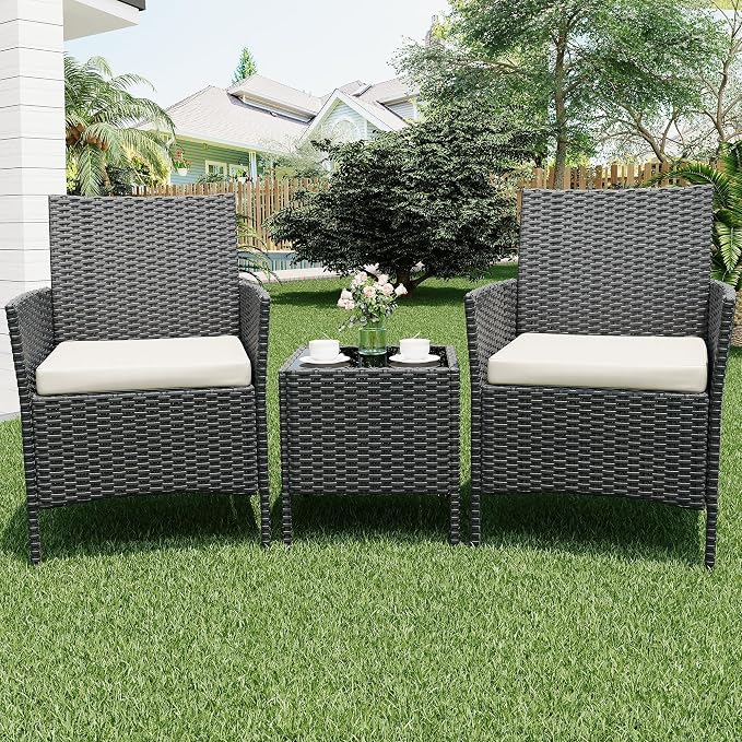 3-Piece Patio Conversation Set – Modern Outdoor PE Rattan Sofa, Glass Coffee Table, Soft Cushions – Ideal for Balcony, Porch, Poolside – Black Rattan/Ivory Seat Cushion