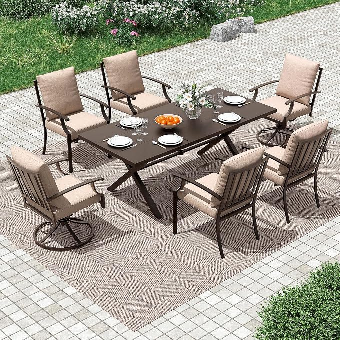 Gotland 7 Piece Outdoor Dining Set, Metal Outdoor Table and Swivel Chairs with X-Shaped Legs 1.5" Umbrella Hole, Patio Furniture Set with Waterproof Cushions, Patio Dining Sets for Backyard Deck Khaki