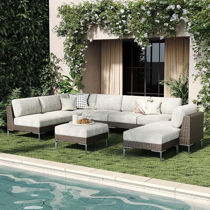 LayinSun 9-Piece Wicker Rattan Patio Furniture Set, Deep Seating Outdoor Modular Sectional Sofa Conversation Set with Thick Cushions for Lawn, Garden