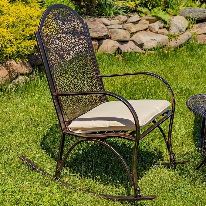 Zaer Ltd. Set of 3, Tsugo Collection, 2 Outdoor Metal Rocking Armchairs with a Round Side Table, Bronze Distressed Finish (Set of 3 (2 Chairs & 1 Table))