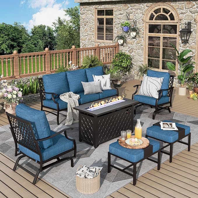 MIXPATIO Patio Furniture Set, 6 Pcs Metal Outdoor Conversation Set, 2 Rocker Chairs, 2 Ottomans and 3 Seater Sofa with 5.75" Extra Thick Cushion and Gas Fire Pit Table, Gemstone Blue