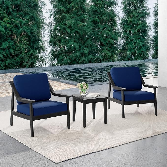 Outdoor Patio Furniture Set, 3 Piece Patio Conversation Sets with Washable Thick Cushions, All-Weather Solid Wood Patio Bistro Set for Porch, Balcony, Black Frame & Navy Cushion