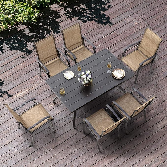 NUU GARDEN 7 Pieces Patio Dining Set, All-Weather Outdoor Furniture with 6 Textilene Dining Chairs and 61" Rectangle Metal Dining Table with Umbrella Hole for Patio Deck Garden, Black and Brown