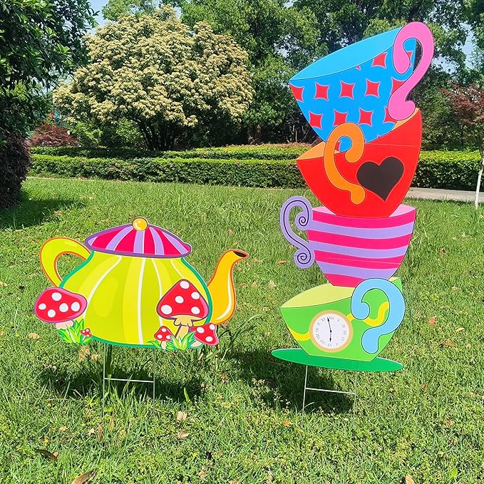 2 Pcs Giant Alice Party Decorations Props Sets Wonderland Yard Signs Decor Mad HatterTea Party Decoration Alice Themed Trick or Treat Stacked TeacupsTeapot with Stakes Stand Indoor Outdoor