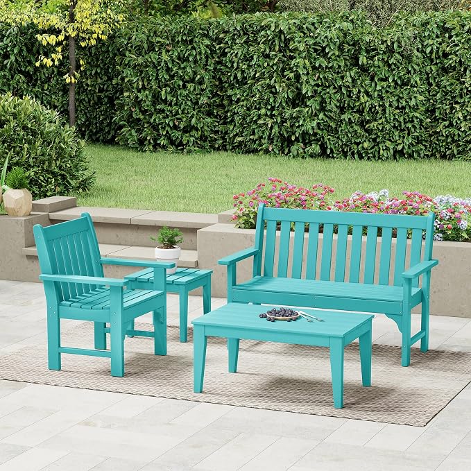 Costaelm Adirondack Outdoor Coffee Table, HDPE Drink Table Weather Resistant, Patio Porch Accent Balcony Table Outdoor End Table for Pool, Seaside, Backyard, Turquoise