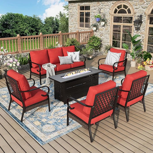 MIXPATIO Patio Furniture Set with Firepit Table, Black Frame Outdoor Conversation Set with 4 x Fixed Chairs, 1 x 3-Seat Sofa for Lawn Garden Backyard, Red