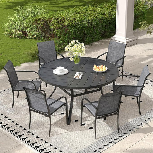 7 Pieces Outdoor Dining Set, Stackable Textilene Patio Chairs & 47.1" Round Dining Table with Umbrella Hole and Shelf, Patio Dining Set for Backyard, Deck, Garden, Grey & Black