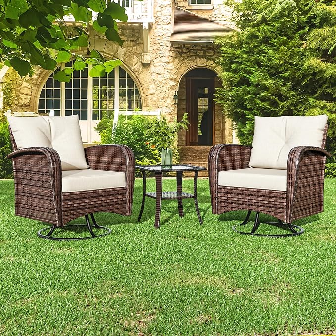 3 Pieces Conversation Furniture Set of Patio Swivel Rocking Chairs and End Table, Wicker Rattan Outdoor Set with Washable Cushions for Backyard, Poolside, Sunroom (Beige)