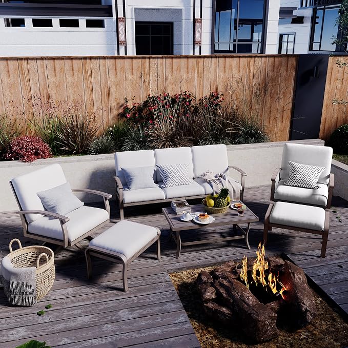 HAPPATIO 6 Piece Aluminum Patio Furniture Set, 3-Seat Outdoor Couch with Ottomans and Swivel Armchairs, All-Weather Outdoor Sectional Sofa with Comfortable Cushions and Coffee Table(Gray)