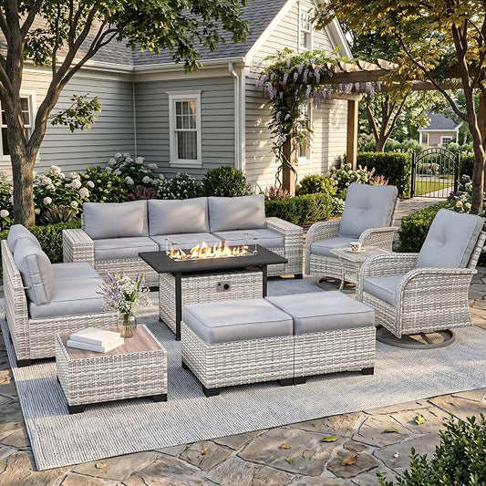 12-Piece Outdoor Patio Furniture Set with Rocking Swivel Chair, PE Wicker Rattan Sectional Sofa 55,000 BTU Fire Pit Table Patio Conversation Set with Ottomans and Chunky Arms, Grey