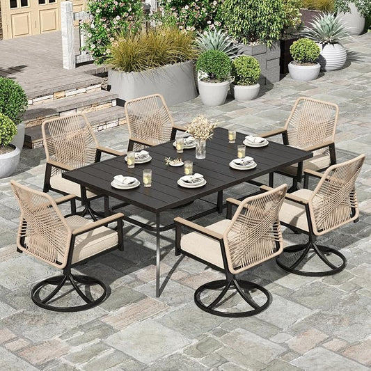HERA'S HOUSE 7pc Patio Dining Set, 59" Metal Table & Swivel Rattan Chairs | Rectangular table with umbrella hole, cushioned chairs. Waterproof, rust-resistant, all-weather for backyard, porch.