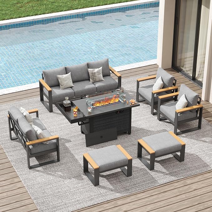 Sundale Outdoor Aluminum Patio Furniture Set, 7 Piece Outdoor Conversation Sets with Fire Pit, Ottoman and Washable Thick Cushions, All Weather Outdoor Sectional Set for Deck, Lawn, Yard (Grey)
