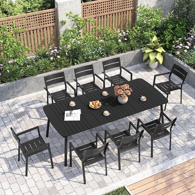 Crestlive Products Outdoor Dining Table for 8-10 People, 95in Patio Rectangle Table, Aluminum Frame with Durable Wood-Like Tabletop and Umbrella Hole Perfect for Patio, Garden, and Lawn