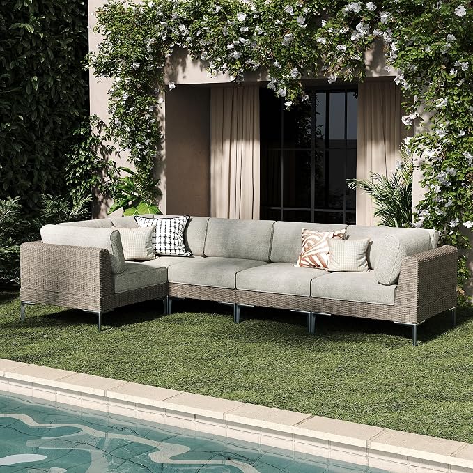 LayinSun 5-Piece Wicker Rattan Patio Furniture Set, Deep Seating Outdoor Modular Sectional Sofa Conversation Set with Thick Cushions for Lawn, Garden