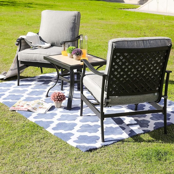 LOKATSE HOME 3 Piece Outdoor Furniture Set with 2 Patio Bistro Conversation Chairs and 21 inch Square Dining Table, Grey