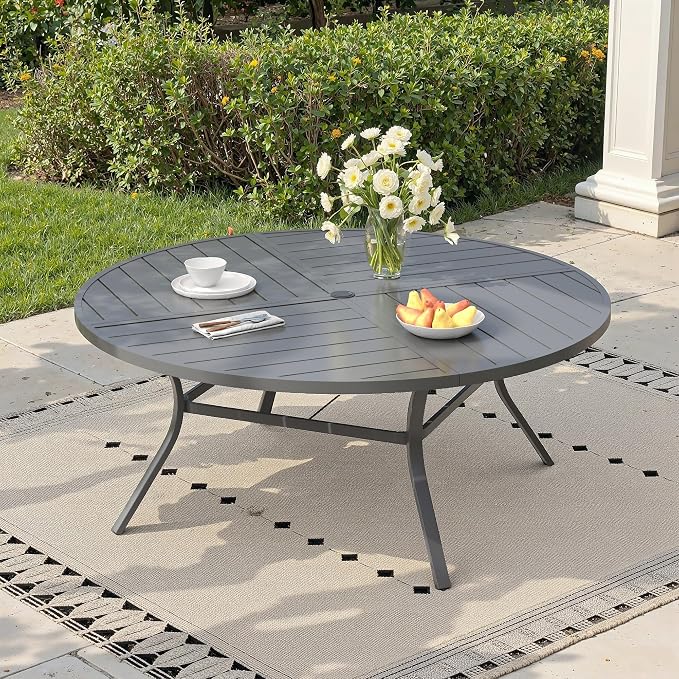 60" Outdoor Dining Table with Adjustable Umbrella Hole, Metal Slatted Round Patio Dining Table for Backyard Garden Deck, Dark Grey