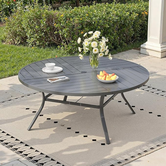 60" Outdoor Dining Table with Adjustable Umbrella Hole, Metal Slatted Round Patio Dining Table for Backyard Garden Deck, Dark Grey