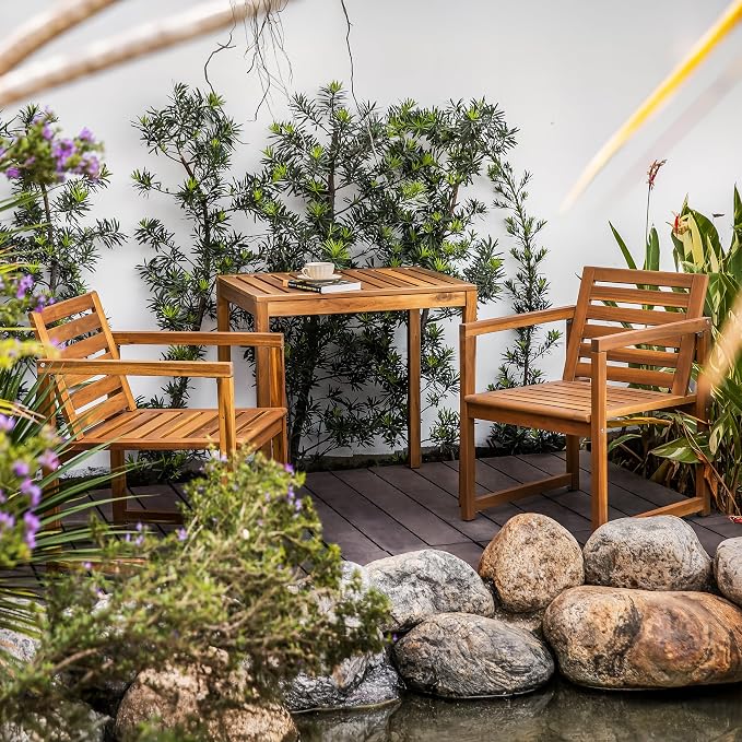 VICTORY RELAX Small Acacia Wood Dining Table for 2-4, Patio Table with Slatted Tabletop, Compact Bistro Table for Balcony, Garden, Poolside & Backyard, Natural Color (29.5'')