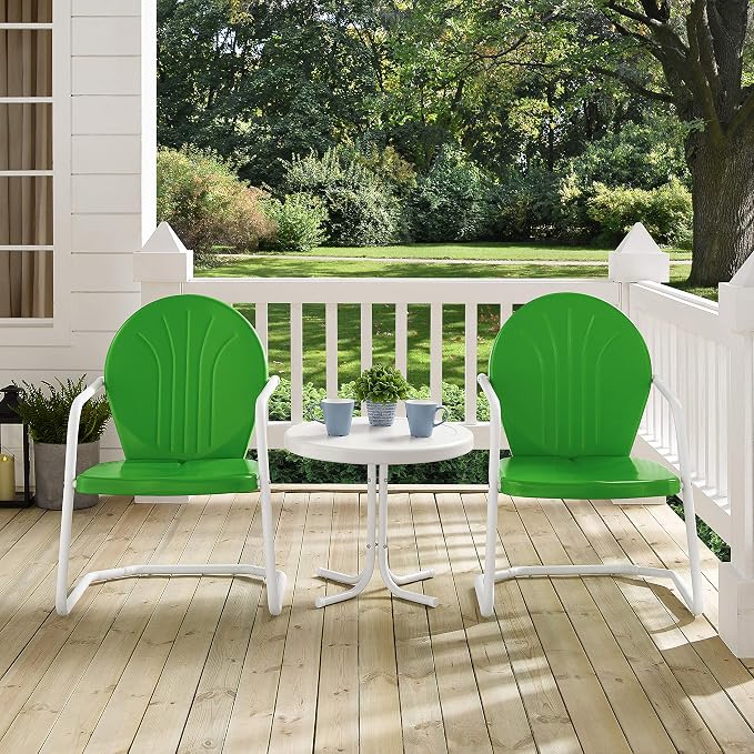 Crosley Furniture Griffith 3-Piece Outdoor Chair and Side Table Set, Retro Metal Bistro Patio Sets for Porch, Grasshopper Green