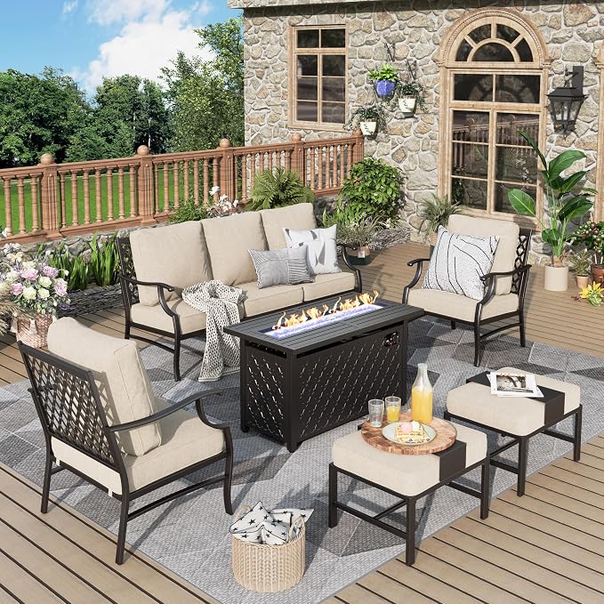 MIXPATIO Patio Furniture Set, 6 Pcs Metal Outdoor Conversation Set, 2 Single Chairs, 2 Ottomans and 3 Seater Sofa with 5.75" Extra Thick Cushion and Gas Fire Pit Table, Beige