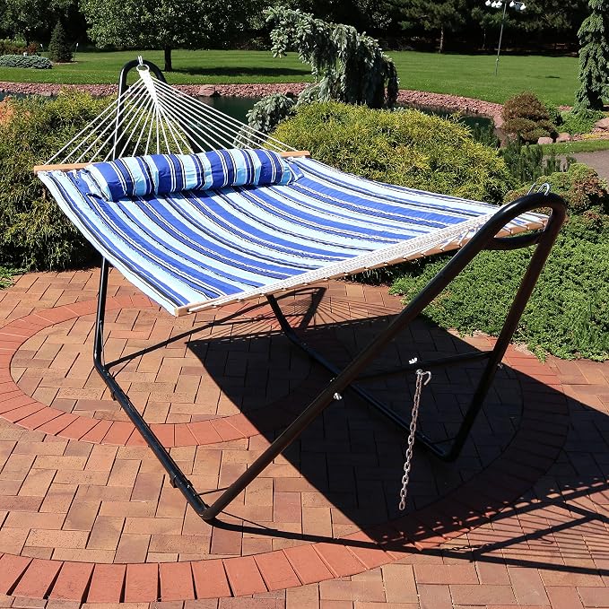 Sunnydaze Quilted Double Hammock with Stand for Outside - 440 lb Capacity Universal Black Steel Stand - UV Resistant, Quick Dry Fabric - Pillow, Chains, and Hardware Included - Catalina Beach