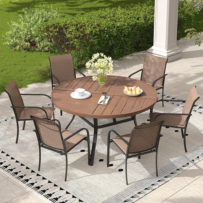 7 Pieces Outdoor Dining Set, Stackable Textilene Paito Chairs & 47.1" Round Dining Table with Umbrella Hole and Shelf, Patio Dining Set for Backyard, Deck, Garden, Brown & Walnut