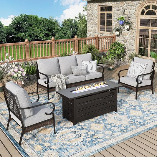 MIXPATIO Patio Furniture Set with Fire Pit Table, 4 PCS Metal Outdoor Conversation Set with 5.75'' Extra Thick Cushion, 2 Chairs, 3-Seat Sofa and Gas Fire Pit Table, Light Grey