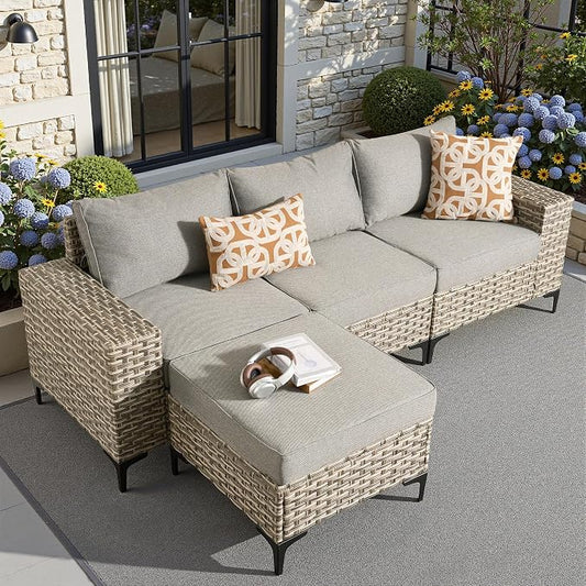 4 Pcs Patio Outdoor Furniture Set - All Weather Wicker Outdoor Sectional Sofa Couch with Ottoman,Patio Modular Rattan Conversation Set for Garden Deck Yard,Dark Grey