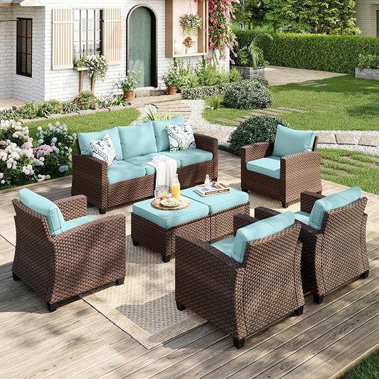 MIXPATIO Patio Furniture Set, 7 Pcs Wicker Rattan Outdoor Conversation Set, 4 x Leg Chairs, 1 x 3 Seater Sofa and 2 x Ottoman with 4" Thick Cushion for Garden Backyard Deck, Blue