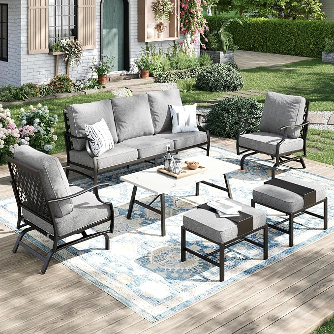 MIXPATIO Patio Furniture Set 6 pcs, Outdoor Patio Furniture, 3-Seat Sofa, 2 Rocking Chairs, 2 Ottomans, Coffee Table and 5.75" Extra Thick Cushion, Patio Conversation Set for Backyard Deck,Grey