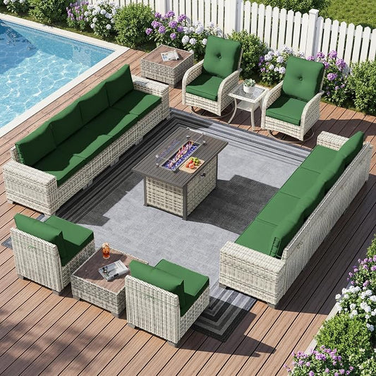 16-Piece Outdoor Patio Furniture Set with Rocking Swivel Chair, PE Wicker Rattan Sectional Sofa Patio Conversation Set with 55,000 BTU Fire Pit Table & Coffee Table, Green