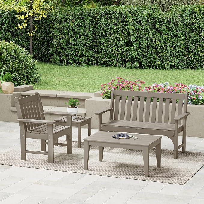 Costaelm Adirondack Outdoor Coffee Table, HDPE Drink Table Weather Resistant, Patio Porch Accent Balcony Table Outdoor End Table for Pool, Seaside, Backyard, Weathered Wood