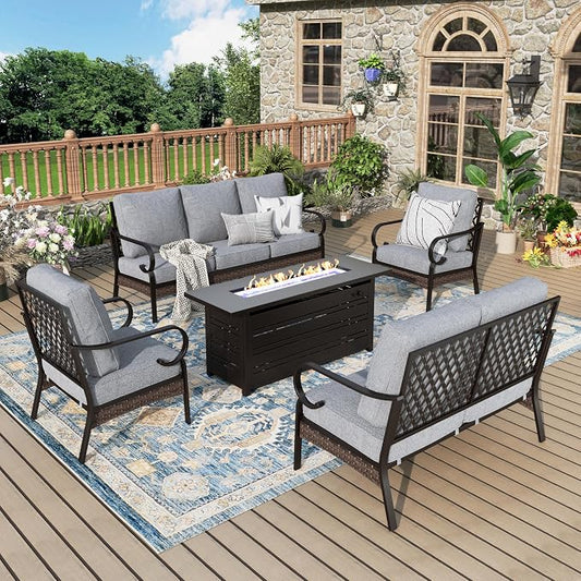MIXPATIO Patio Furniture Set with Fire Pit Table, Metal Outdoor Conversation Set with 5.75'' Extra Thick Cushion, 2 Leg Chairs, Loveseat Sofa, 3-Seat Sofa and Gas Fire Pit Table, Grey
