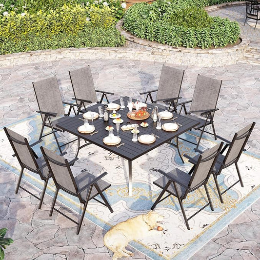 Sophia & William Patio Dining Set for 8, Metal Table & Grey Folding Chairs | Light-weight & space-saving, Breathable & quick-drying, 8 person, Umbrella Hole, Weather-Resistant, Adjustable, Outdoor